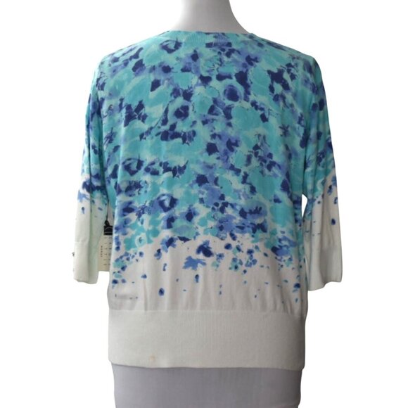 Carole Little Woman 1X Cardigan Sweater Blue White Cotton Button Front - Picture 2 of 5